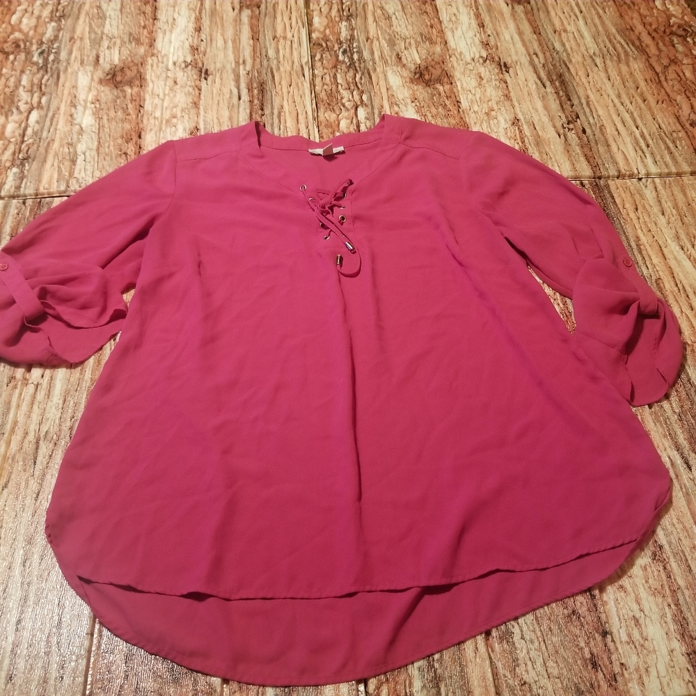 Cb Established Top Womens Size 1X Plus Size Pink Roll Tab Sleeve